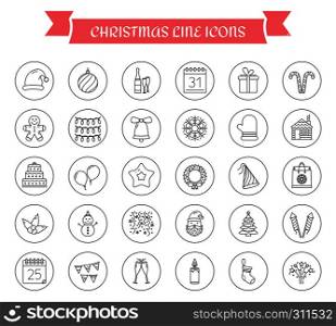 30 Christmas line icons in circles, vector eps10 illustration. 30 Christmas Icons