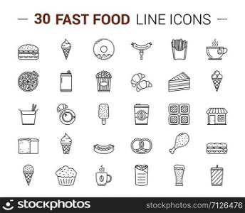 30 Fast food line icons, vector eps10 illustration. Fast Food Line Icons