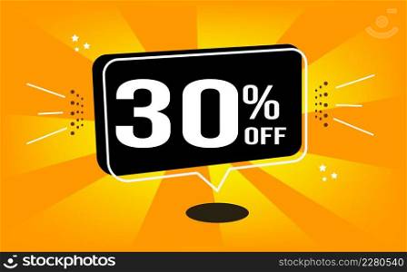 30% off. Orange banner with black balloon and (thirty) percent off purchase and sale.