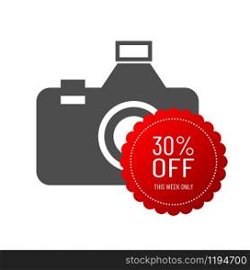 30% off. This week only. Photography icon. Digital camera illustration with red sale sticker. Photo & picture sign and symbols. Vector eps 10