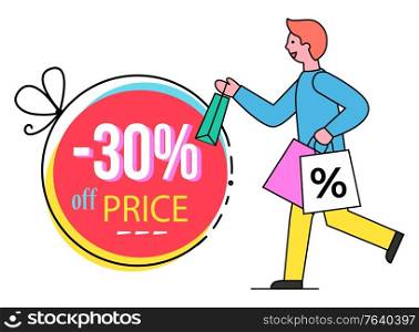 30 percent off price banner vector, circle with decorative thread. Man with bags and packets in hurry. Personage buying products from stores with discounts and special promotions for holidays. 30 Percent Reduction of Price, Sale Banner Client