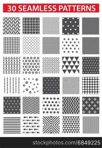 30 retro styled black vector seamless patterns: abstract, vintage, technology and geometric. Vector illustration