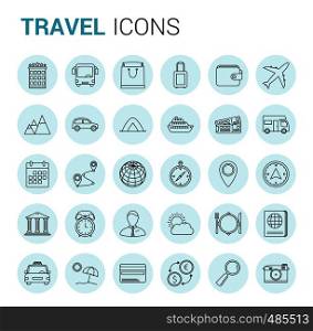 30 Travel thin line icons in circles, vector eps10 illustration. Travel Line Icons
