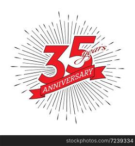 35th anniversary. Greeting inscription with salute and ribbon, vector illustration isolated on white background