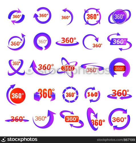 360 degrees icons set. Cartoon set of 360 degrees vector icons for web design. 360 degrees icons set, cartoon style