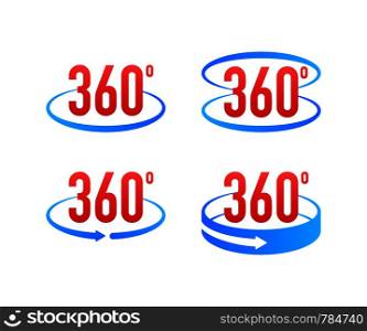360 degrees view sign icon. Signs with arrows to indicate the rotation or panoramas to 360 degrees. Vector stock illustration.