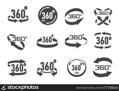360 degrees virtual camera rotate icons, 3D perspective panorama isolated vector symbols. 360 degrees arrows in circle for wide view angle or full panoramic video tour, VR rotation buttons and signs. 360 degrees virtual camera rotate icons, panorama