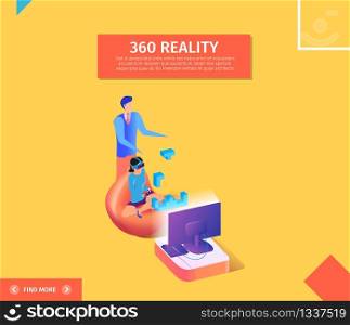 360 Reality Square Banner. Young Woman in Virtual Reality Glasses Sitting in Chair in Front of Television Monitor Playing Computer Game. Man in Elegant Cloth Stand Behind 3D Flat Vector Illustration. 360 Reality Banner. Woman in VR Glasses Playing