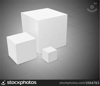 3d abstract background, three white cube on grey background with grid