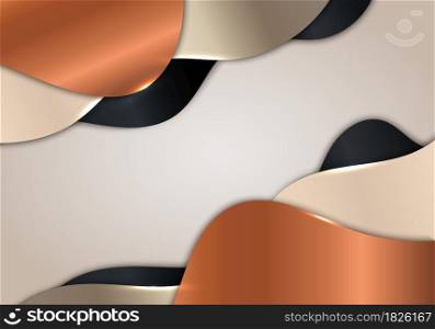 3D abstract golden, black, copper metallic wave shapes design paper cut style background. Luxury concept template. Vector illustration