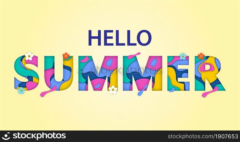 3d abstract paper cut. Hello summer on yellow background. Paper art and craft style. flyers, banners, posters and templates design.. 3d abstract paper cut.