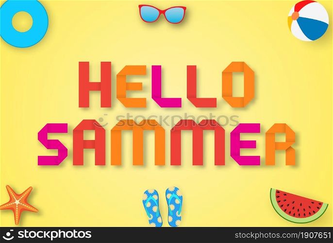 3d abstract paper cut. Hello summer with decoration origami on yellow background. Paper art and craft style. flyers, banners, posters and templates design.. 3d abstract paper cut.