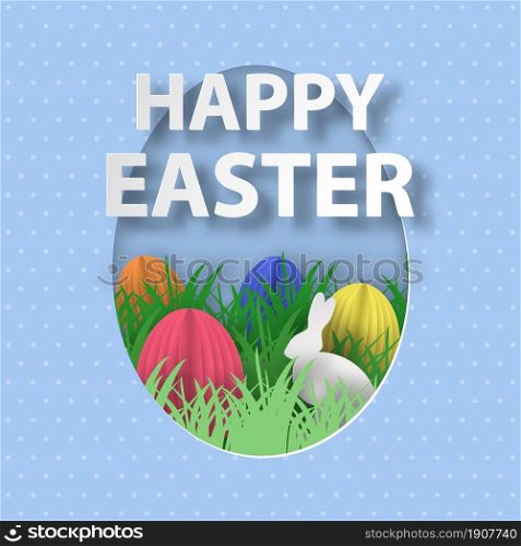 3d abstract paper cut. rabbit, grass, flowers and egg hunt. Happy easter greeting card template.. 3d abstract paper cut