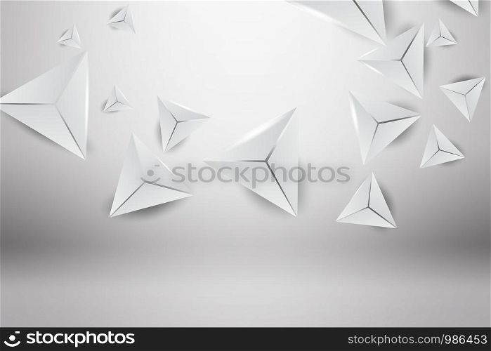 3D Abstract Triangle wall backdrop grey background.Graphic Minimal Empty room with light effect.Frame scene place photo studio.Simple soft light wallpaper.Design element art Vector illustration EPS10