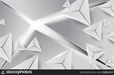 3D Abstract White Triangle Shapes minimal background.Geometric polygon for business card your text. Explosion Power Design with Crushing Surface white light.Graphic paper cut and craft style.vector