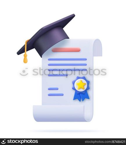3d Achievement, award, grant, diploma concepts. graduation certificate with cup icon with st&and ribbon bow. 3d rendering. Vector illustration. Achievement, award, grant, diploma concepts.