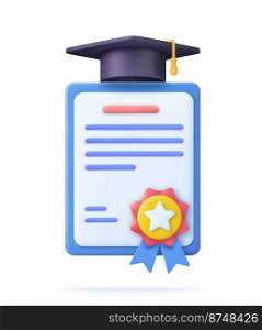 3d Achievement, award, grant, diploma concepts. graduation certificate with cup icon with st&and ribbon bow. 3d rendering. Vector illustration. Achievement, award, grant, diploma concepts.