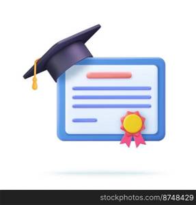 3d Achievement, award, grant, diploma concepts. graduation certificate with cup icon with stamp and ribbon bow. 3d rendering. Vector illustration. Achievement, award, grant, diploma concepts.