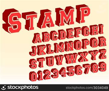 3d alphabet font template. 3d alphabet font template. Letters and numbers vintage stamp design. Vector illustration.