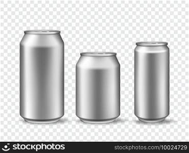 3d aluminum cans. Realistic can mockups in 3 size. Metallic tin for beer, juice, soda drink or lemonade. Canned beverage vector template set. Metal steel bank, aluminum packaging illustration. 3d aluminum cans. Realistic can mockups in 3 size. Metallic tin for beer, juice, soda drink or lemonade. Canned beverage vector template set