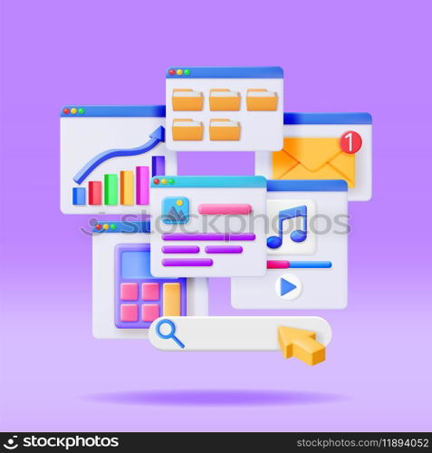3D Application Windows Interface Isolated. Render Computer Software User Interface. UI Search, Music, Browser, Financial, Calculator, File Manager, Mail Notification Windows. Vector Illustration. 3D Application Windows Interface Isolated