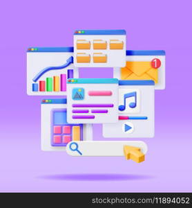 3D Application Windows Interface Isolated. Render Computer Software User Interface. UI Search, Music, Browser, Financial, Calculator, File Manager, Mail Notification Windows. Vector Illustration. 3D Application Windows Interface Isolated