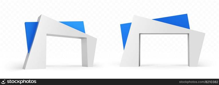 3d arch of modern architecture design, abstract angular blue and white color buildings, gates construction for exterior or interior front and side view, isolated realistic vector illustration, mockup. 3d arch of modern architecture abstract design
