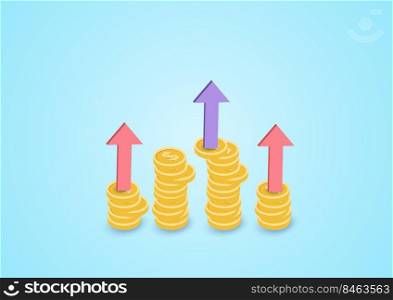 3D arrow up and coin dollar concept business target goals concept, success, investing marketing. Pastel background. Minimal cartoon icon. Vector illustration 