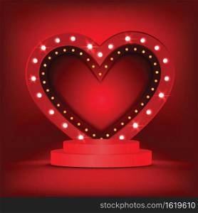 3d background template with the stage podium and Light bulbs vintage neon glow heart frame vector illustration EPS10.