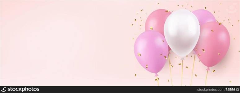3d balloons with ribbon. Celebratory design with balloons with glittering confetti. Stylish poster, cover, banner, site, mobile app. Celebrate birthday template. 3d rendering. Vector illustration. 3d balloons with ribbon.
