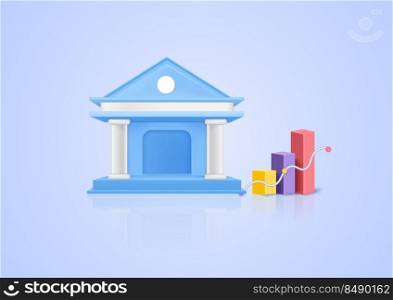 3D banking and bar graph  concept business target goals concept, success, investing marketing. Pastel background. Minimal cartoon icon. Vector illustration
