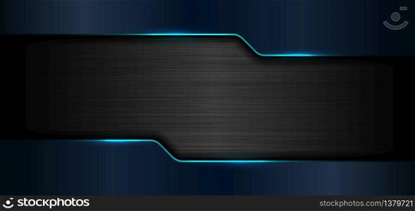 3D banner web template geometric blue glow shiny metallic on black metal background and texture with space for your text. Technology concept. Vector illustration