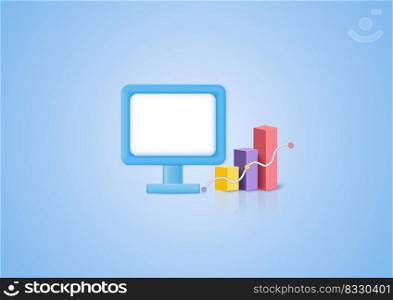 3D bar graph  and computer concept business target goals concept, success, investing marketing. Pastel background. Minimal cartoon icon. Vector illustration