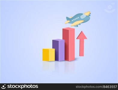 3D bar graph and plane concept business target goals concept, success, investing marketing. Pastel background. Minimal cartoon icon. Vector illustration
