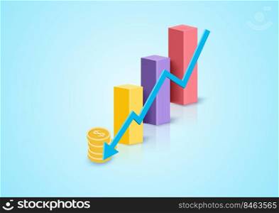 3D bar graph arrow down and coin dollar concept business target goals concept, success, investing marketing. Pastel background. Minimal cartoon icon. Vector illustration