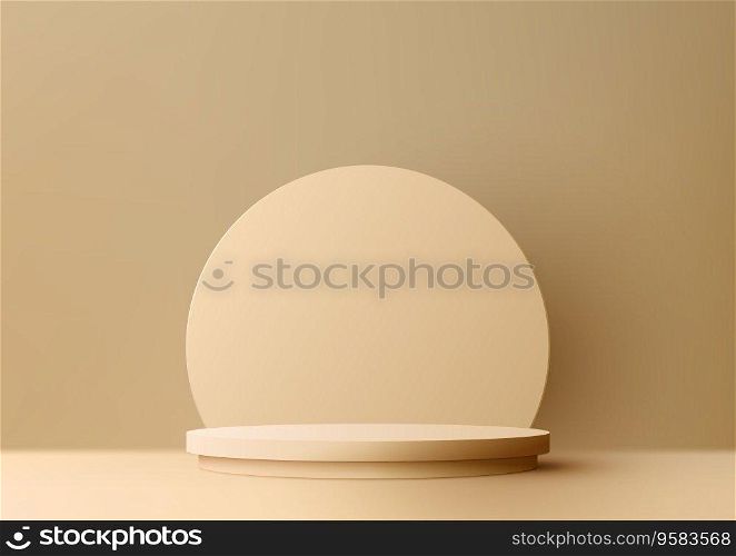 3D beige color podium stand with circle backdrop is a modern and stylish mockup purposes, such as product display, marketing, and advertising. Vector illustration