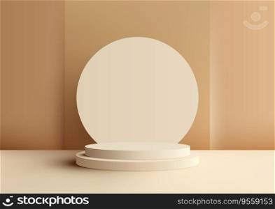 3D beige podium with beige circle backdrop is a modern interior concept product display mockup. It is perfect for showcasing your products in a professional and eye-catching way. Vector illustration