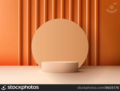 3D beige podium with circle backdrop and orange wall scene is a modern and minimalist mockup for product display. It is perfect for showcasing your products in a stylish and elegant way. Vector illustration