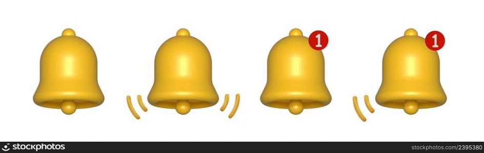 3d bell notification. 3d render bell. Social media notification bell. 3d vector.. 3d render yellow ringing bell with new notification for social media reminder.