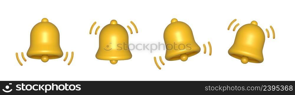 3d bell notification. 3d render bell. Social media notification bell. 3d vector reminder bell.. 3d render yellow ringing bell with new notification for social media reminder.