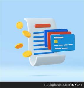 3D bill payment with credit card and golden coins, financial for online shopping, bill online payment credit card with payment protection concept. 3D Rendering. Vector illustration. 3D bill payment with credit card