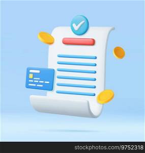 3D bill payment with credit card,check and golden coins, financial for online shopping, bill online payment credit card with payment protection concept. 3D Rendering. Vector illustration. 3D bill payment with credit card