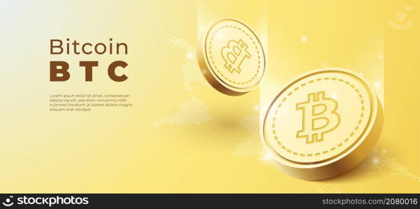 3D bitcoin BTC crypto currency on mobile background. Banner vector illustration
