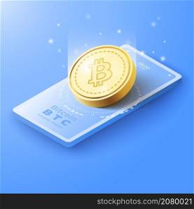 3D bitcoin BTC crypto currency on mobile background. Banner vector illustration