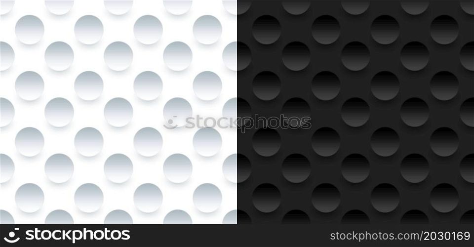 3D black and white circles sphere embossed seamless pattern on dark background and rough texture. Vector illustration