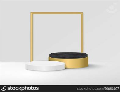 3D black and white marble display podium for luxury product on grey background and golde circle scence. You can use product presentation, show cosmetic, food supplement. Vector illustration.