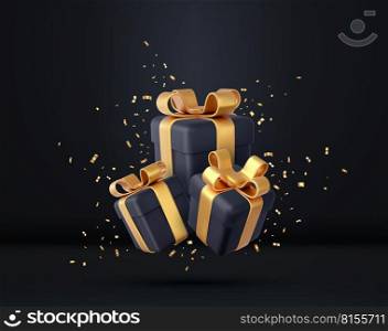 3d black gift boxes with golden ribbon and bow and sequins confetti. Birthday celebration concept. Merry New Year and Merry Christmas gift boxes with golden bows. 3d rendering. Vector illustration. 3d white gift boxes