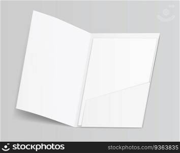3D blank clean white folder for document papers sheets A4 container isolated on gray background. Single pocket folder catalog for mock up. Realistic vector illustration. 3D blank clean white folder for document papers sheets A4 container isolated on gray background