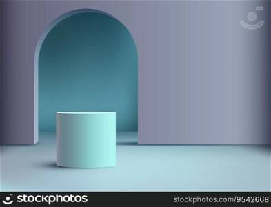 3D blue cylinder podium with door backdrop is a modern and stylish product display mockup. Vector illustration