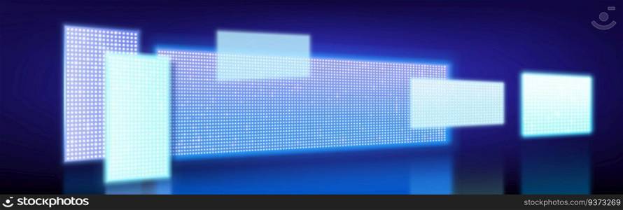 3d blue light led screen show stage background. Empty neon club interior for night concert. Cyber billboard glow lcd panel for presentation on stadium mockup. Cinema event entertainment auditorium. 3d blue light led screen show stage background